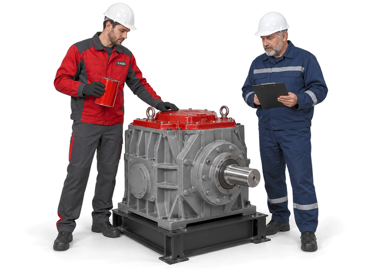 A XADO specialist and the plant's chief mechanic at an industrial reduction gearbox on its bed